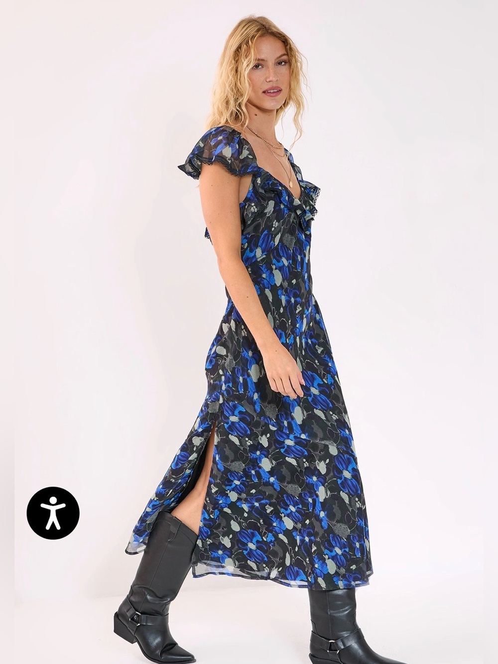 Nasty Gal Blue Floral Midi Dress with Ruffle Trim